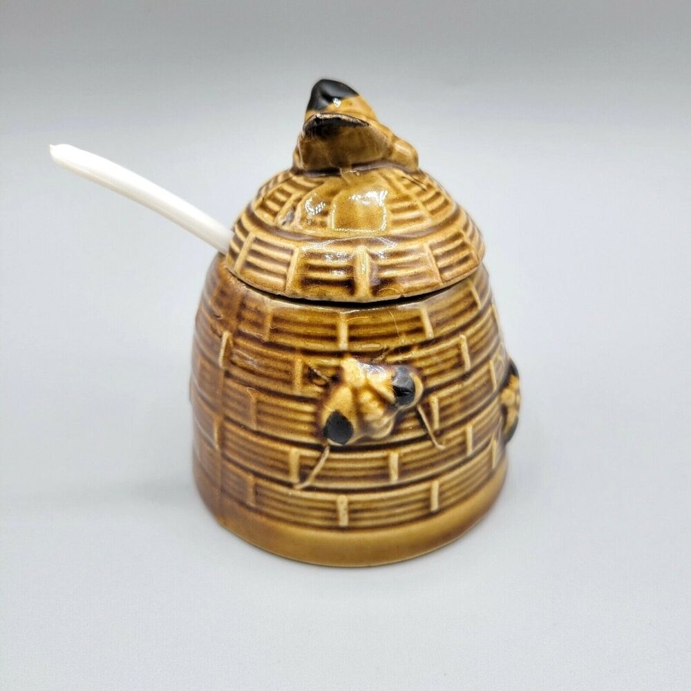 Beehive Honey Jar Spoon and Lid Jam Jelly Server Bees Vintage Korea
